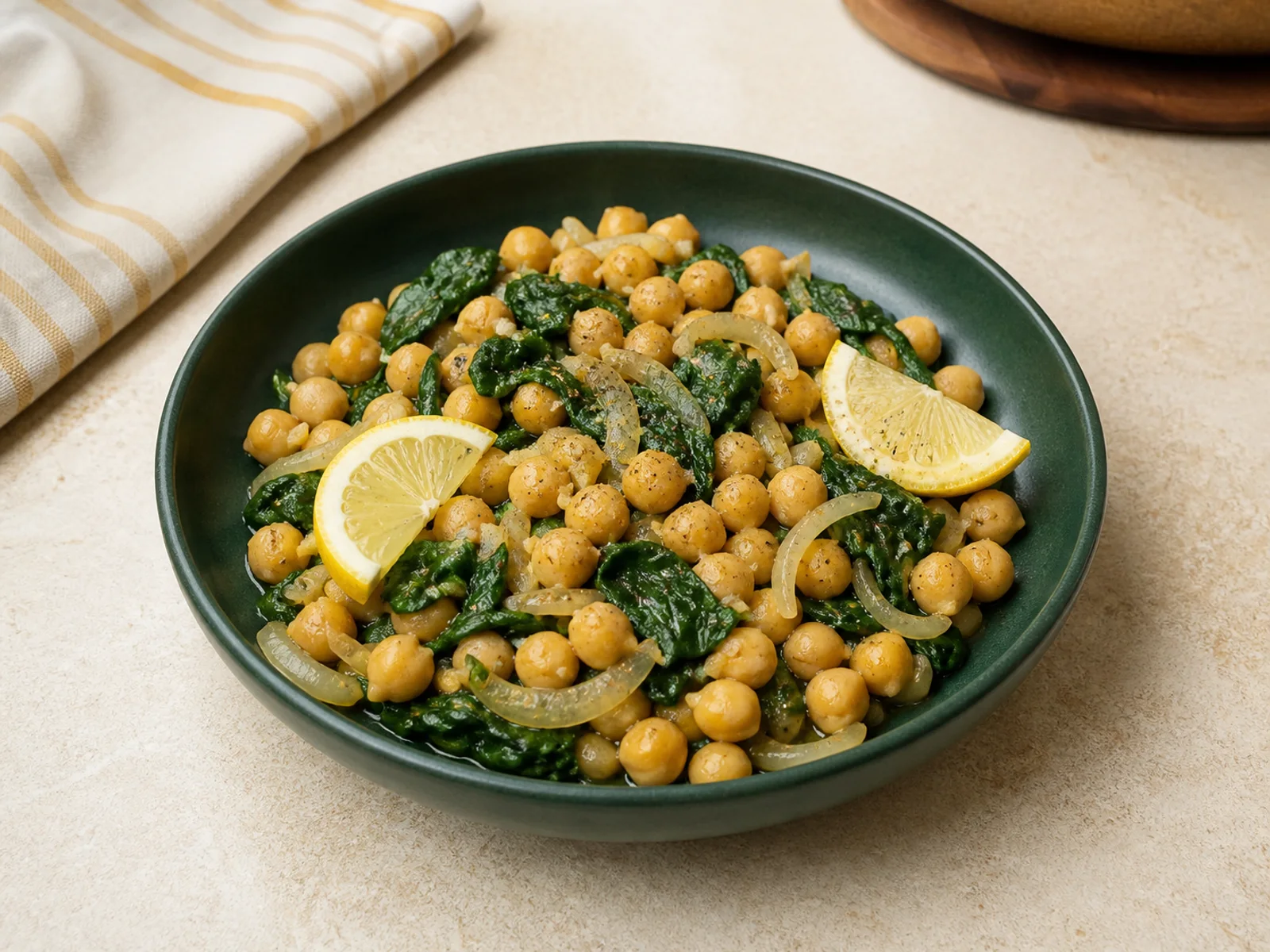 Bowl of golden chickpeas with wilted spinach, onion and lemon