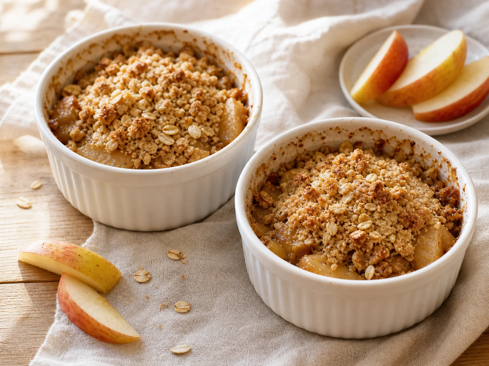 Two ramekins of golden apple crumble