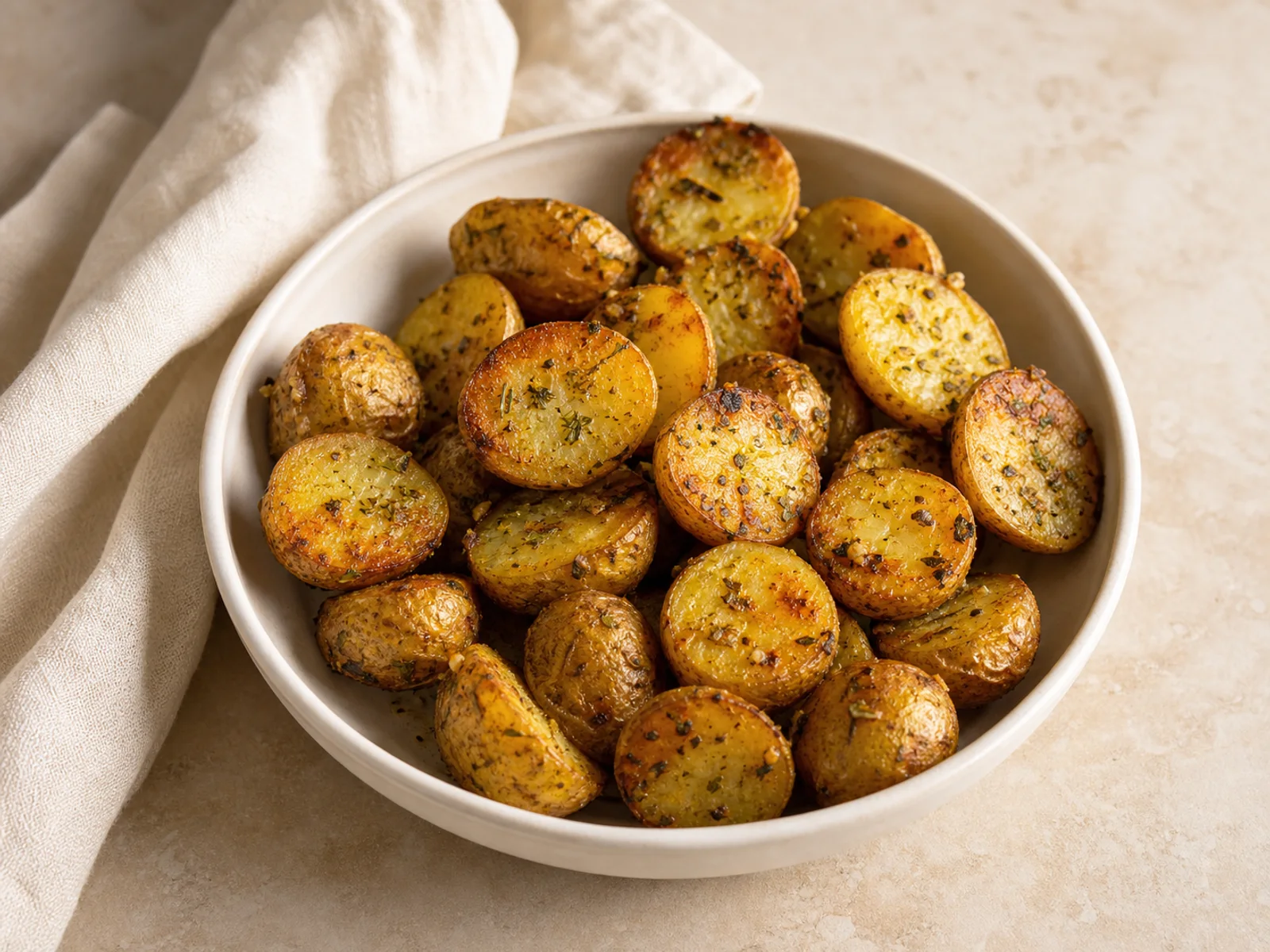 Bowl of halved golden potatoes with dried herbs